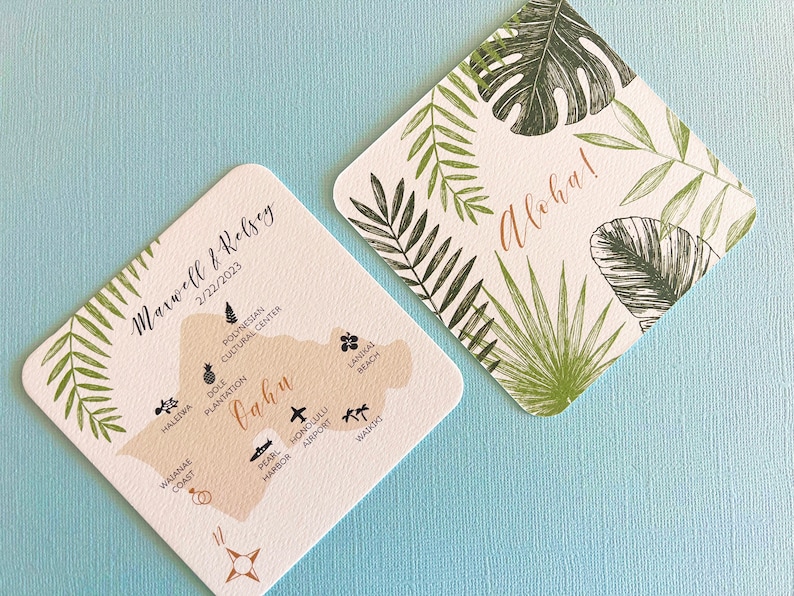 Tropical personalized paper coasters, wedding reception, bridal shower, double sided, wedding map, Hawaii islands, Maui, Kauai, Oahu, drink image 5