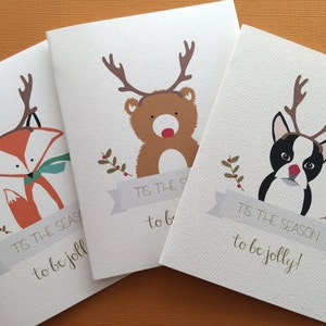 Bois de cerf, lot de 3 cartes de Noël, ours, renard, chien de race boston terrier, animaux festifs, cadeau de pendaison de crémaillère
