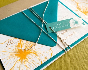 Vintage Hawaiian-  invitation sample, invitation suite, orange and peacock blue, destination wedding, tropical invitation, floral