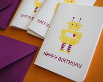 Robot Birthday cards in yellow, set of 6