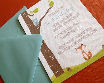 Woodland- shower invitation, baby shower, forest, woodsy tree, animals