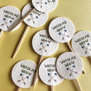 Watch Me Grow gunsttags stokjes, bos, aangepaste tags, gunsten, babyshower, pijlen, tribal, houten prikkers, stam