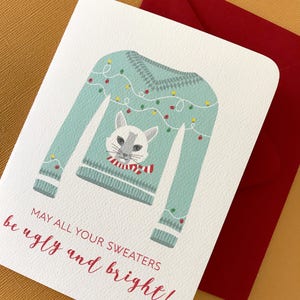 Che tutti i tuoi maglioni siano brutti e luminosi Biglietto di auguri natalizio, gatto, maglione da festa, regalo per le feste