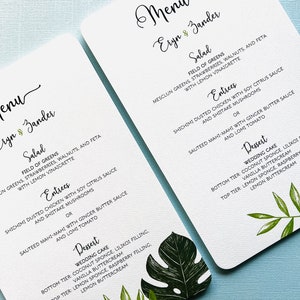 Palm Tropical Hochzeitsmenüs, Empfang, modern, Papiermenü, gedruckte Tischmenü, Hawaii, Maui, Oahu, Kauai, Jamaika, Puerto Rico