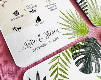 Cabo Mexico Tropical personalized paper coasters, wedding reception, bridal shower, double sided, wedding map, Cabo San Lucas beach, drink