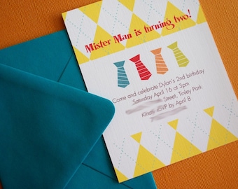 Mister Man- boy birthday invitation, neck ties, argyle design, party invitation