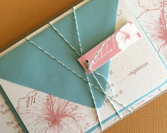 Vintage Hawaiian- set of 15, teal and pink, destination wedding, tropical invitation, floral