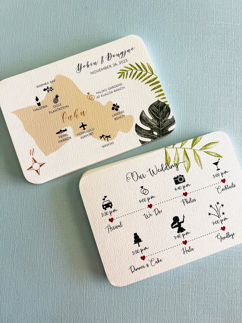 NEW Tropical Palm Hawaiian Wedding Map and Wedding Timeline card, Welcome Basket, Destination Wedding, Wedding Add-On image 2