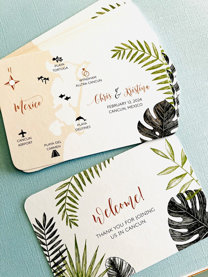 NEW Tropical Palm Mexico Wedding Map, save the date, invitation, Tulum, Cancun, Playa del Carmen, Conzumel, Yucatan, destination wedding image 9