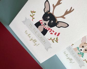 Antlers, Chihuahua Christmas greeting cards set of 6, pet portrait, gift card, notecard, holiday gifts, dogs