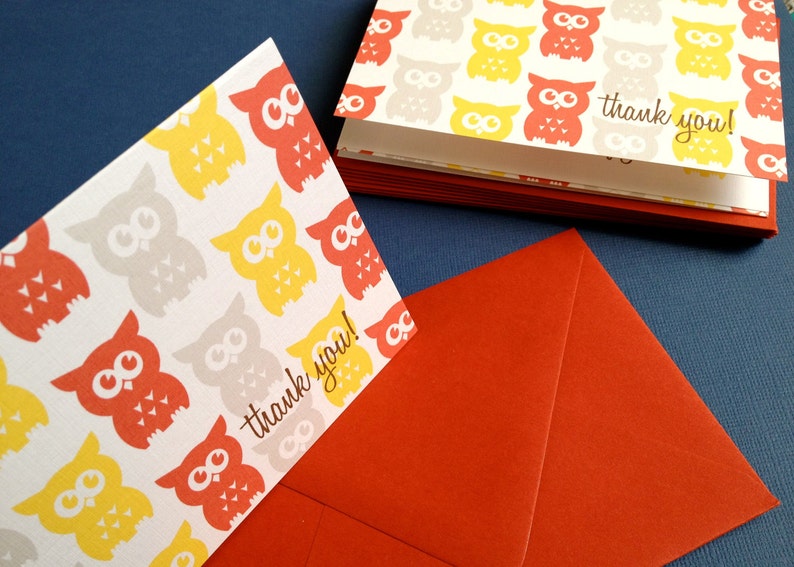 Owls Thank You Cards in Orange, Set of 6 - Etsy