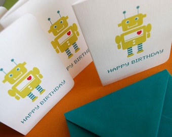 Robot Birthday cards in green, set of 6, kids birthday, nerdy birthday, fun,
