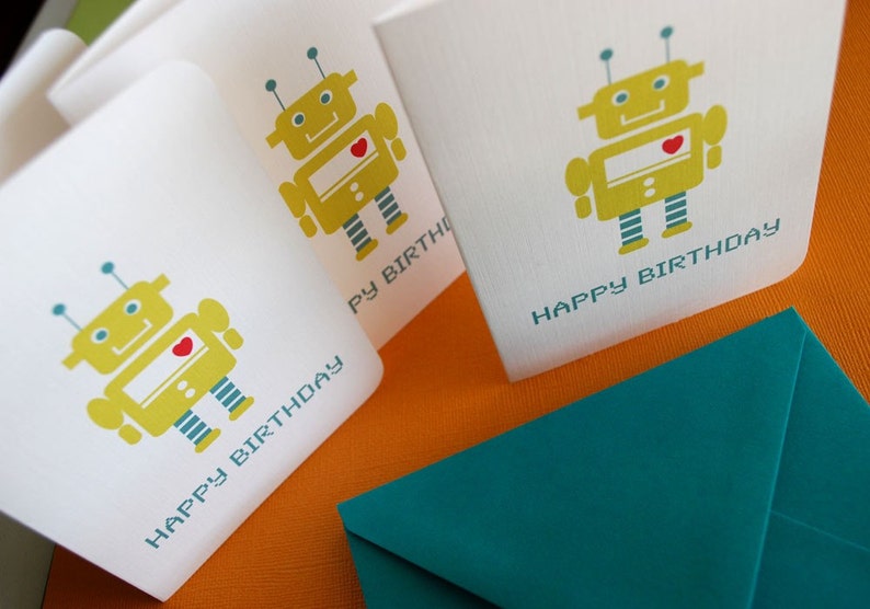 set of 60 Robot Birthday cards in green