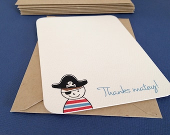 Thanks Matey, pirate thank you cards, birthday party, kids birthday, theme party, blank notecards, flat cards, set of 8