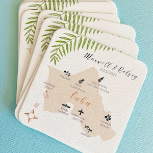 Tropical personalized paper coasters, wedding reception, bridal shower, double sided, wedding map, Hawaii islands, Maui, Kauai, Oahu, drink image 1