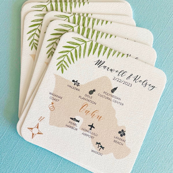 Tropical personalized paper coasters, wedding reception, bridal shower, double sided, wedding map, Hawaii islands, Maui, Kauai, Oahu, drink