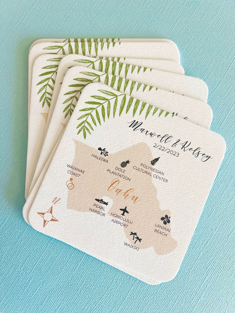 Tropical personalized paper coasters, wedding reception, bridal shower, double sided, wedding map, Hawaii islands, Maui, Kauai, Oahu, drink image 1