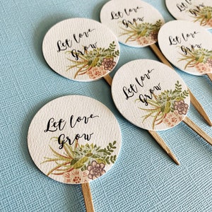 Let Love Grow Favor Tags sticks, Watch Me Grow, custom tags, reception favors, bridal shower, baby shower, succulent design, wood picks zdjęcie 3