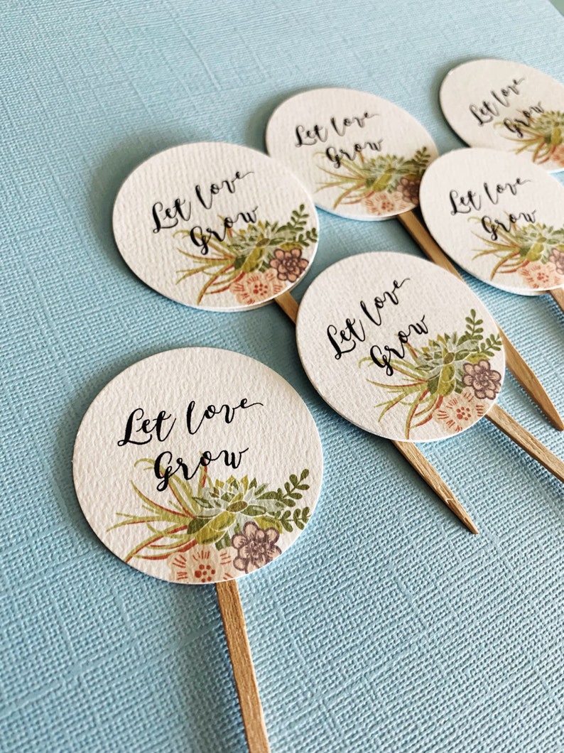 Let Love Grow Favor Tags sticks, Watch Me Grow, custom tags, reception favors, bridal shower, baby shower, succulent design, wood picks zdjęcie 3