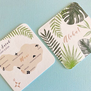 Tropical personalized paper coasters, wedding reception, bridal shower, double sided, wedding map, Hawaii islands, Maui, Kauai, Oahu, drink image 4