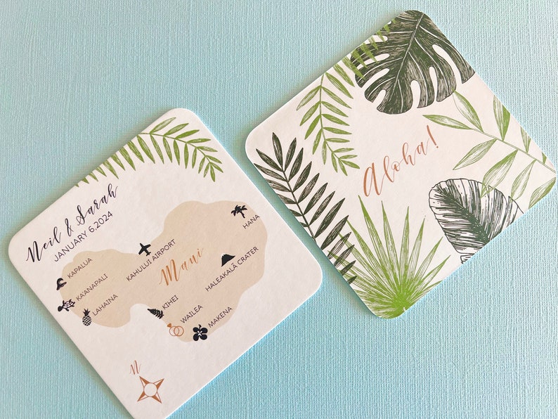 Tropical personalized paper coasters, wedding reception, bridal shower, double sided, wedding map, Hawaii islands, Maui, Kauai, Oahu, drink image 4