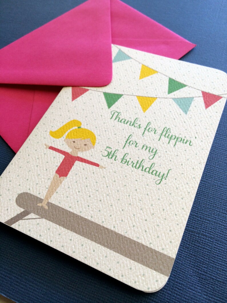 Gymnastics Thank You card, set, girl birthday party, gift cards, thank you notes, custom colors image 4