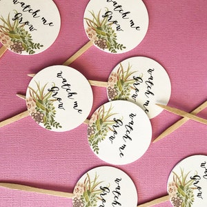 Watch Me Grow Favor Tags sticks, Let Love Grow, custom tags, reception favors, bridal shower, baby shower, succulent design, wood picks