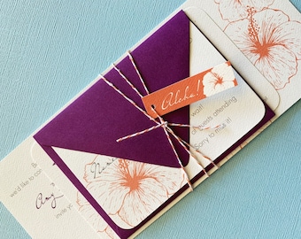 Set of 35 invitations, purple, orange and grey, destination wedding, tropical invitation, floral
