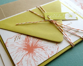 Set of 35 Vintage Hawaiian invitations |orange and green |destination wedding | tropical invitation |floral | suite