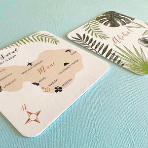 Tropical personalized paper coasters, wedding reception, bridal shower, double sided, wedding map, Hawaii islands, Maui, Kauai, Oahu, drink image 6