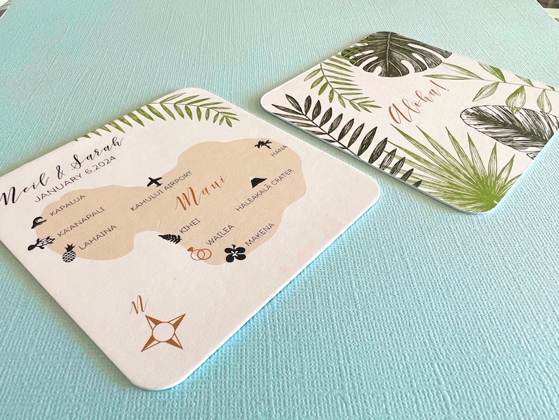 Tropical personalized paper coasters, wedding reception, bridal shower, double sided, wedding map, Hawaii islands, Maui, Kauai, Oahu, drink image 6