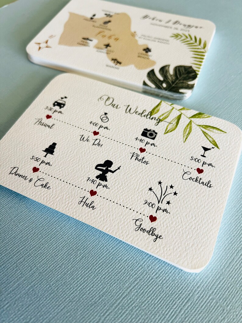 NEW Tropical Palm Hawaiian Wedding Map and Wedding Timeline card, Welcome Basket, Destination Wedding, Wedding Add-On image 3