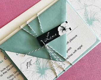 Vintage Hawaiian- invitation sample, teal and black, destination wedding, tropical, floral, seaside wedding, San Diego, Shelter Island