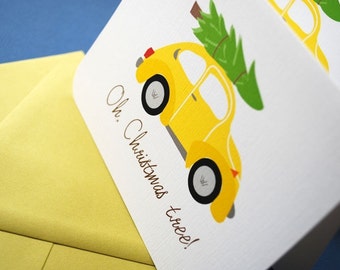 Oh, Christmas tree- single holiday card, vintage car, holiday card, retro, yellow