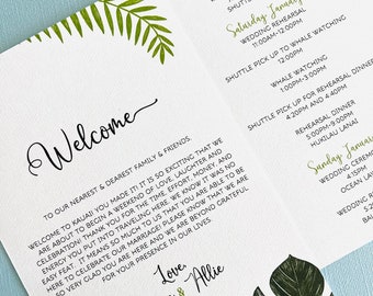 Palm Tropical Day of Wedding itinerary, welcome letter, guest note, wedding day events, Hawaii, Maui, Oahu, Kauai, Jamaica, Puerto Rico