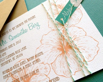 Vintage Hawaiian invitation, coral and teal, tropical Bridal Shower Invitation, Luau Party Aloha Hawaiian Wedding Party Invite