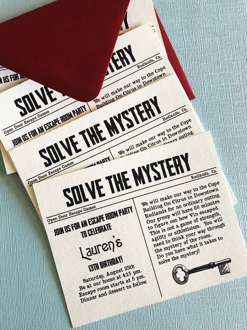 Escape Room party invitation, adult party, kids party, escape games, old newspaper, mystery, set of 8 invitations image 1