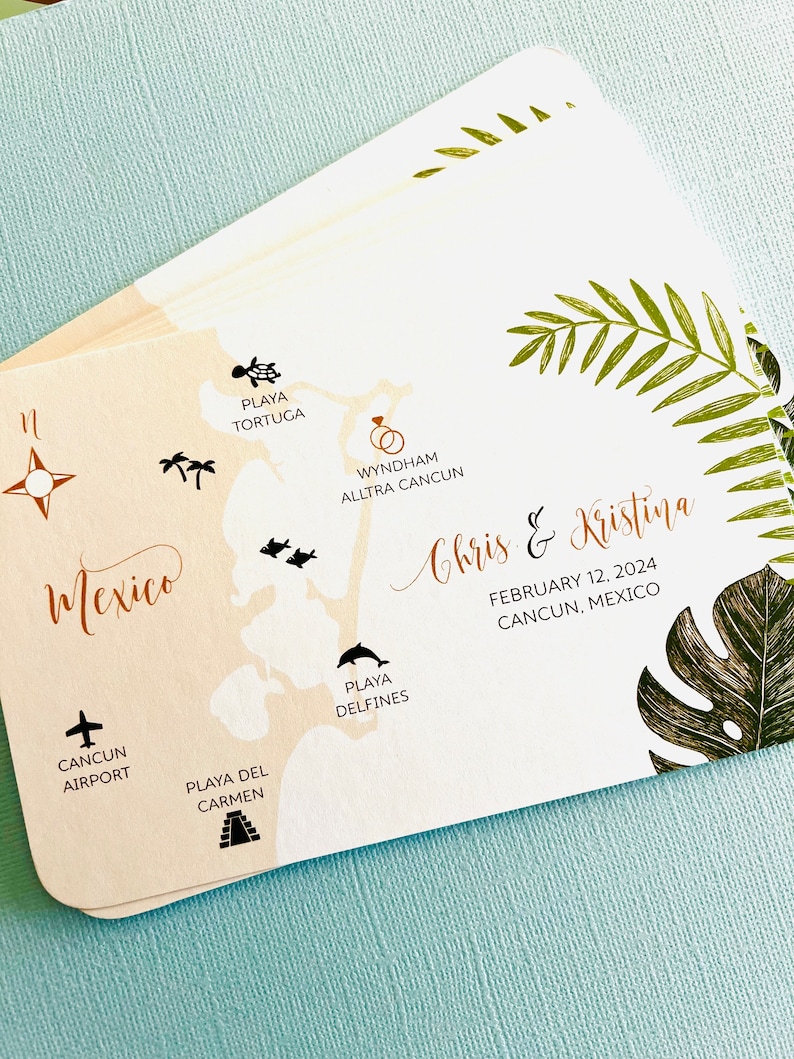 NEW Tropical Palm Mexico Wedding Map, save the date, invitation, Tulum, Cancun, Playa del Carmen, Conzumel, Yucatan, destination wedding image 8