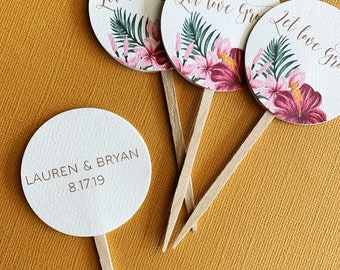 Let Love Grow Favor Tags sticks, Mahalo, custom tags, reception favors, bridal shower, hawaiian wedding, tropical, destination, wood picks