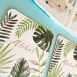 Tropical personalized paper coasters, wedding reception, bridal shower, double sided, wedding map, Hawaii islands, Maui, Kauai, Oahu, drink image 2