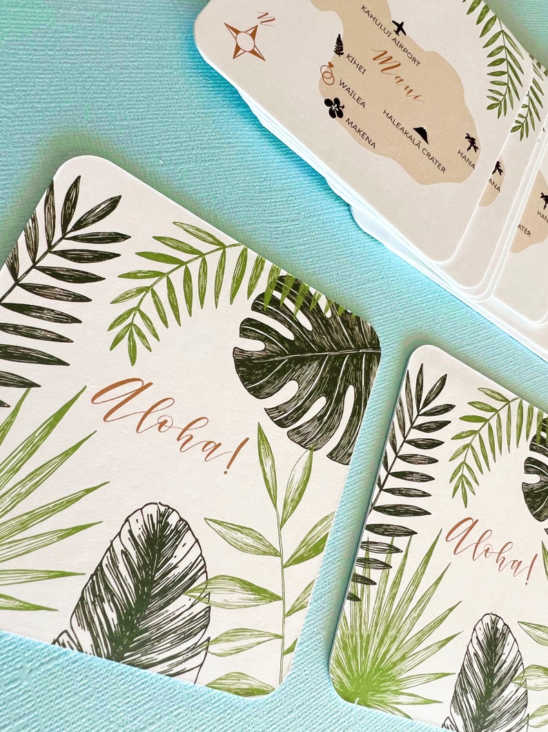 Tropical personalized paper coasters, wedding reception, bridal shower, double sided, wedding map, Hawaii islands, Maui, Kauai, Oahu, drink image 2