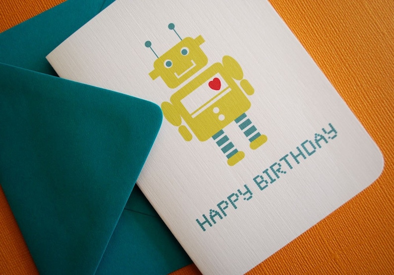 set of 60 Robot Birthday cards in green