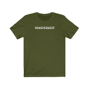 May include: A green short-sleeved t-shirt with the word "CODEPENDENT" printed in white on the front.