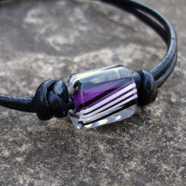 Knotted Black Leather Bracelet with Purple, White, & Black Cane Glass Bead