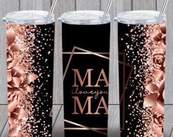 Mom 20oz tumbler with straw and lid, black and rose gold mama