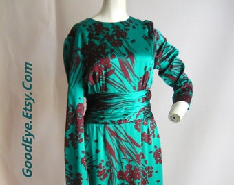 Vestido Charmeuse de seda vintage de Gene ROTH / talla 6 8 10 / estampado floral intenso color verde esmeralda granate / mangas largas hasta la rodilla / década de 1990 fabricado en EE. UU.