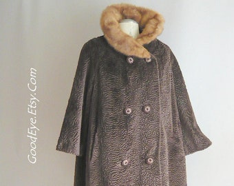 Vintage 60s Faux Fur Swing Coat w Genuine Mink Collar / size 12 14 medium / Latte Brown  Bell Sleeves Pockets / DOUBLE BREAST Curly Lamb