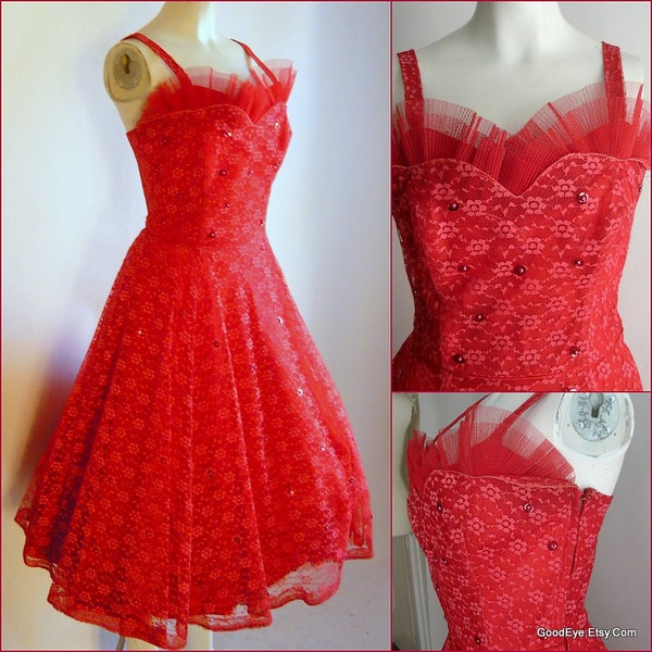 Fesselnde Vintage 50er Jahre Petticoat Kleid rot LACE / neuen Look Glamour Abendkleid voller Rock / Petite Größe klein 2 4 6 Taille 25 Zoll
