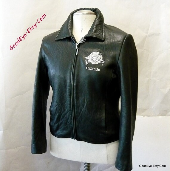 Vintage Uni Leather Biker Jacket Planet Hollywood Logo 50