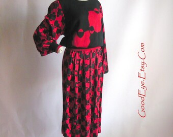 Vintage SILK 90s Dress 2-piece Skirt Sweater Suit / PUZZLE PIECES in Red n Black / 1990s Anne Crimmins made in Hong Kong